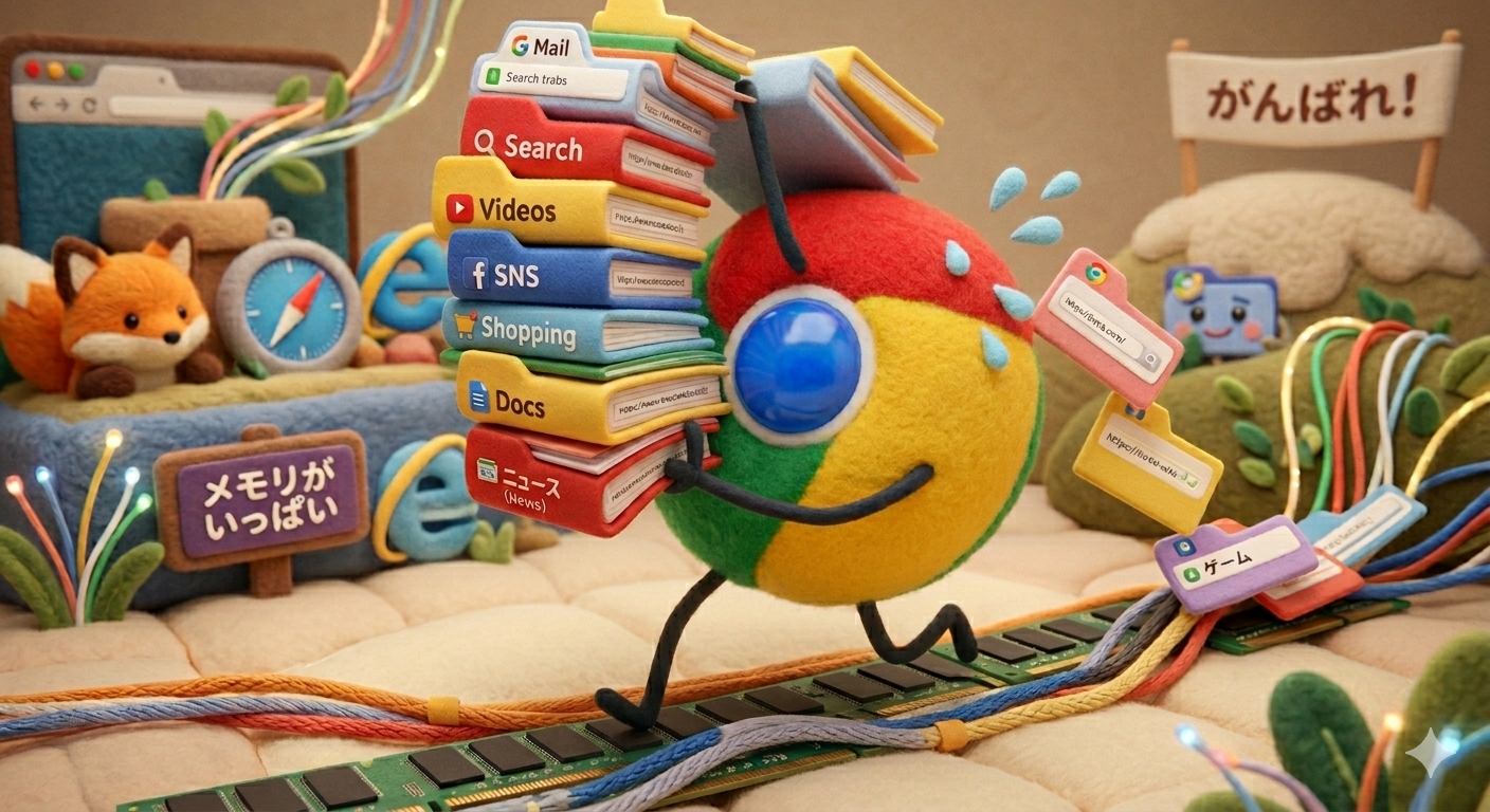 タブやWebアプリの荷物をたくさん抱えて走る、くろーむくんのイメージ図。がんばれ！くろーむくん！