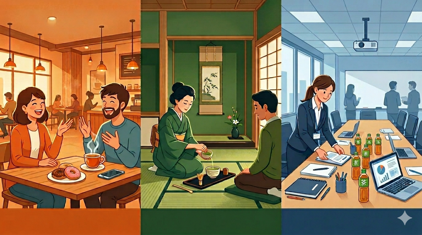 休憩中のカフェ、茶道の和室、会議準備中の会議室を3分割で描き、同じ『お茶』でも背景によって意味が変わることを表したイラスト